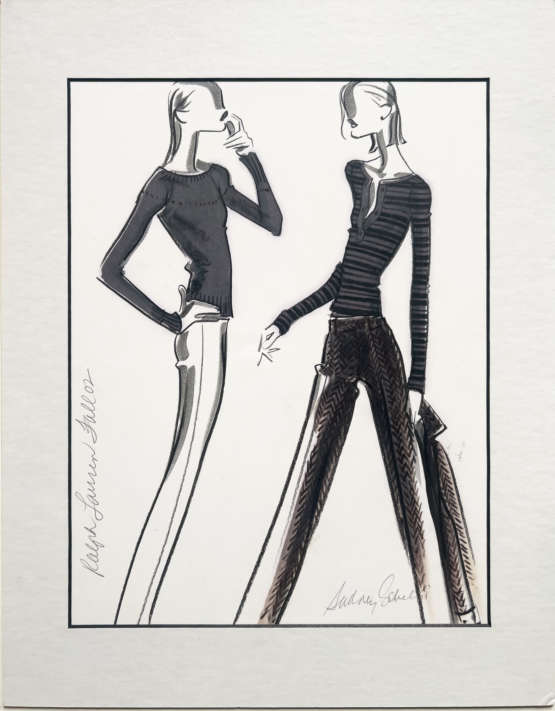 Audrey Schilt illustration for Ralph Lauren Fall 2002: two newsboy-mood looks—ribbed knit tops (crew and henley) with slim trousers, one herringbone, umbrella.