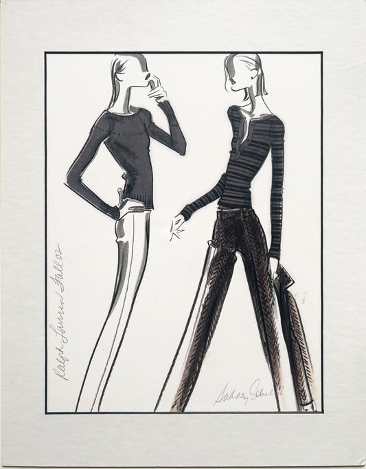Audrey Schilt illustration for Ralph Lauren Fall 2002: two newsboy-mood looks—ribbed knit tops (crew and henley) with slim trousers, one herringbone, umbrella.