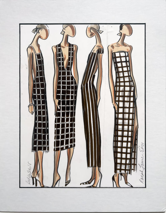 Audrey Schilt lineup for Ralph Lauren Spring 2001: four black evening columns—cami-strap, deep V, off-shoulder, strapless left-slit.