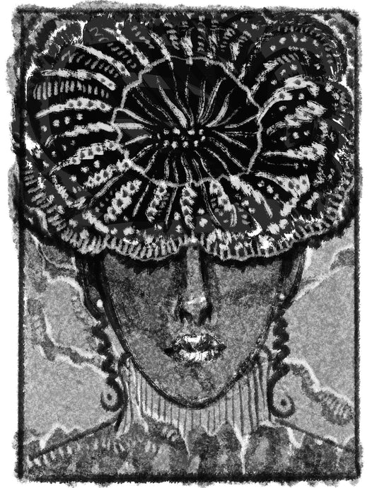 Black and white illustration portrait of a Victorian-era model wearing a decorative headpiece; the moment of standing-by, taking a deep breath and composing herself before looking up to confidently walk the runway.