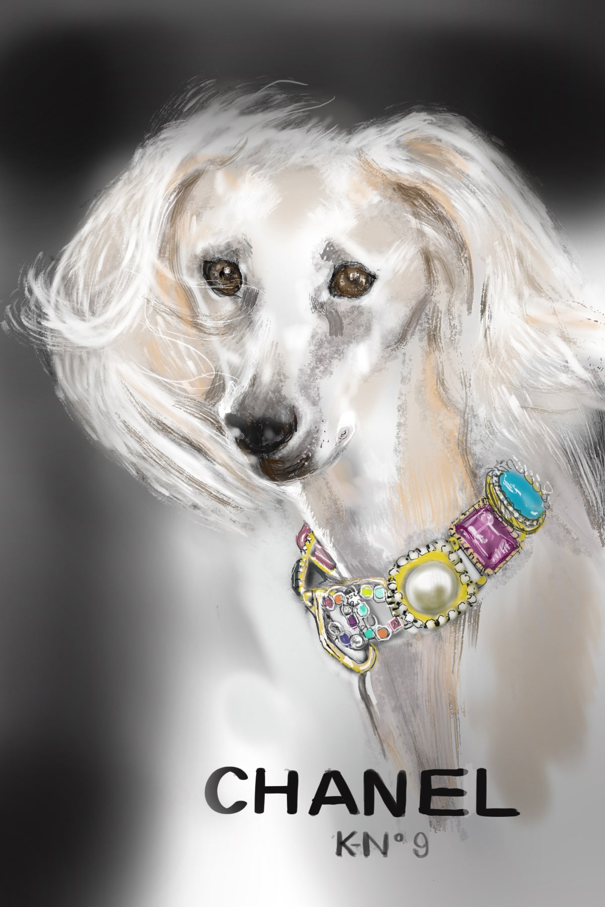 Dog wearing a Chanel collar with colorful gemstones on a dark background