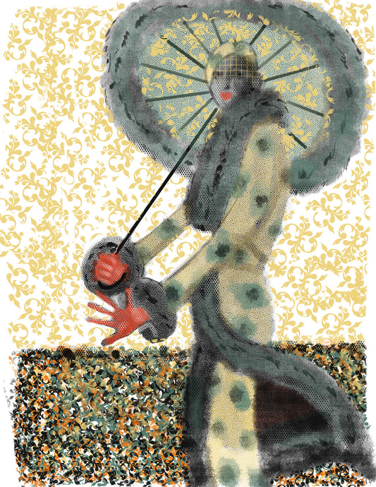 Illustration of a figure holding a parasol with a decorative pattern