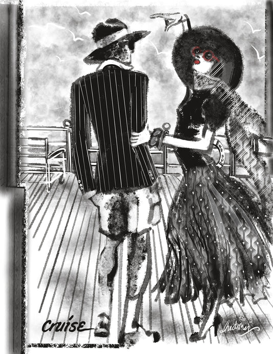 Black and white illustration of a stylish-couple on a cruise ship deck.