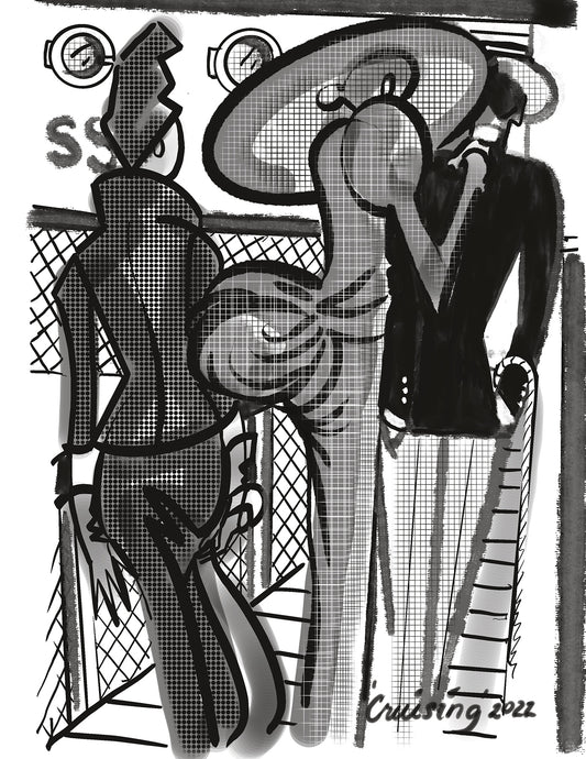 Black and white illustration of a stylish couple and another well-dressed  person boarding a cruise ship, signed 'Cruising 2022'.