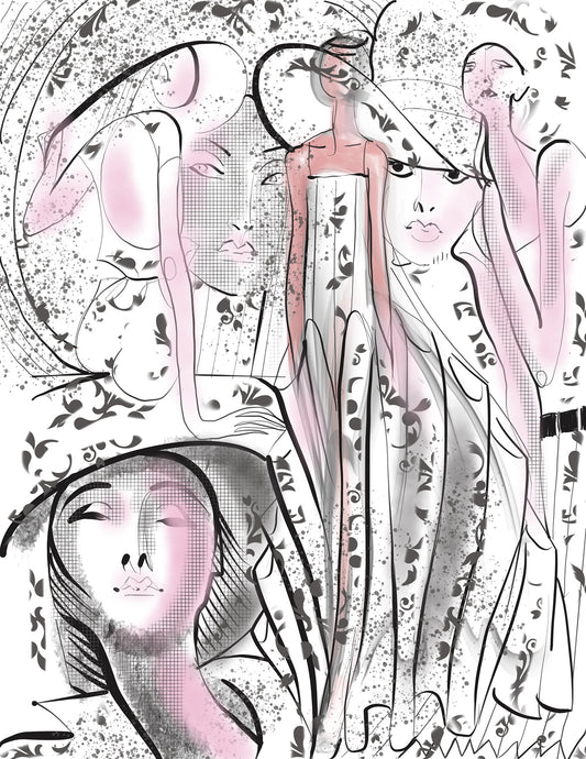 Artistic illustration of models in a flowing dress with abstract elements