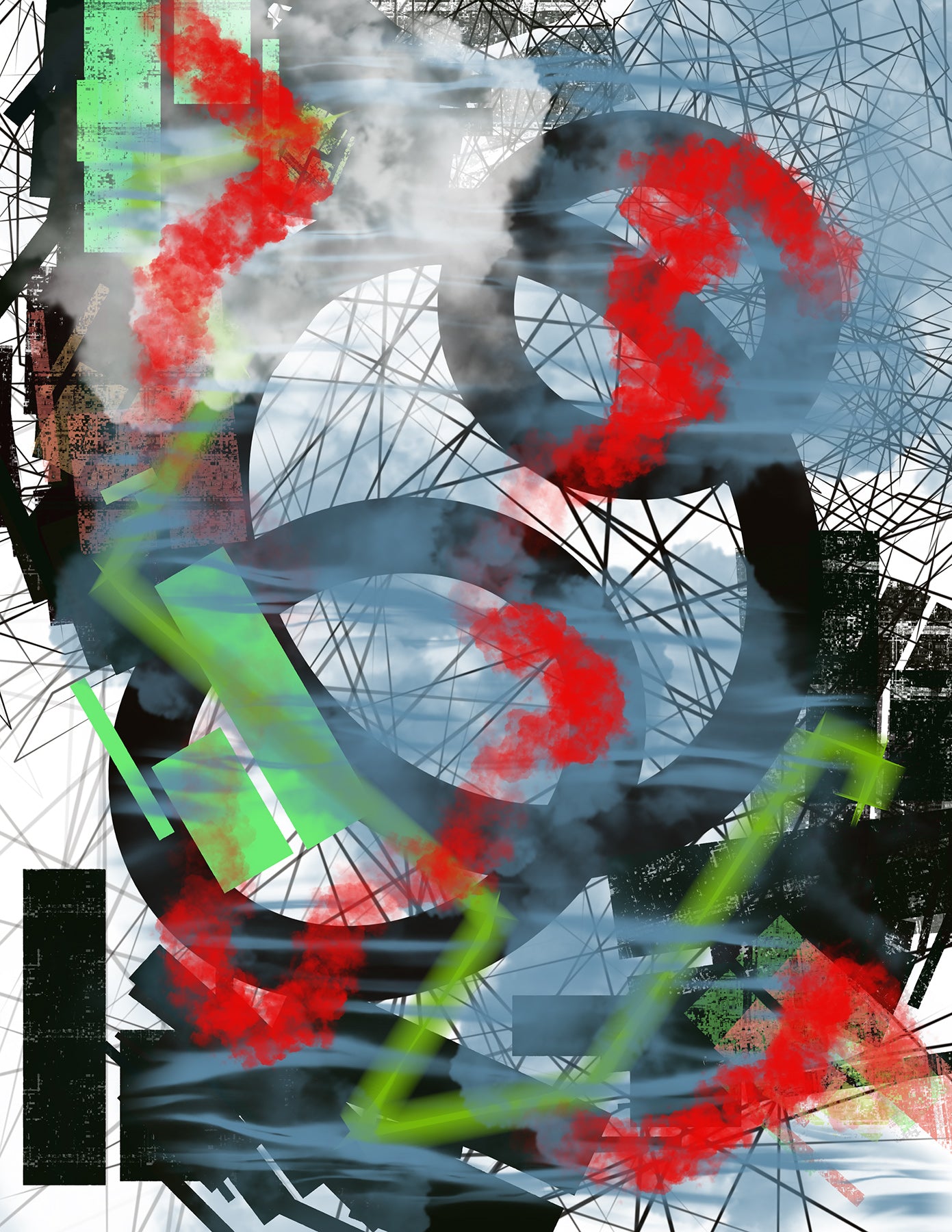 Abstract art with colorful shapes and patterns on a blurred background, surrounded by haze