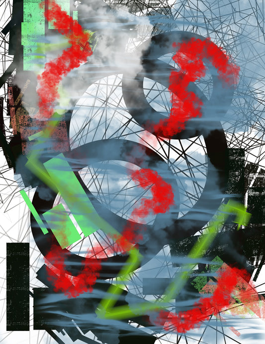 Abstract art with colorful shapes and patterns on a blurred background, surrounded by haze