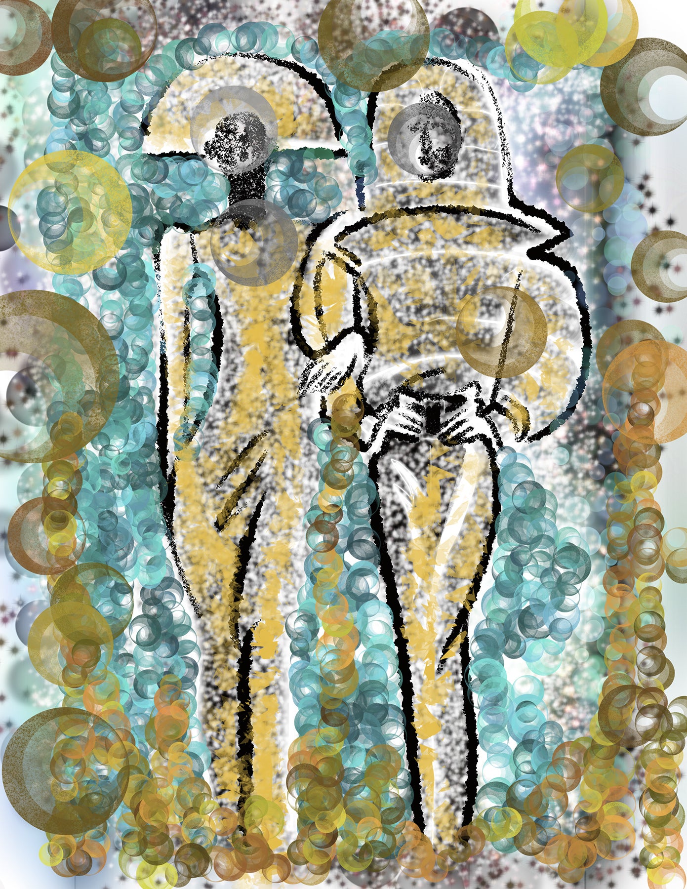 Conceptual fashion illustration of two stylized figures in futuristic-yet-mythical outerwear, set against a background of colorful circular patterns.