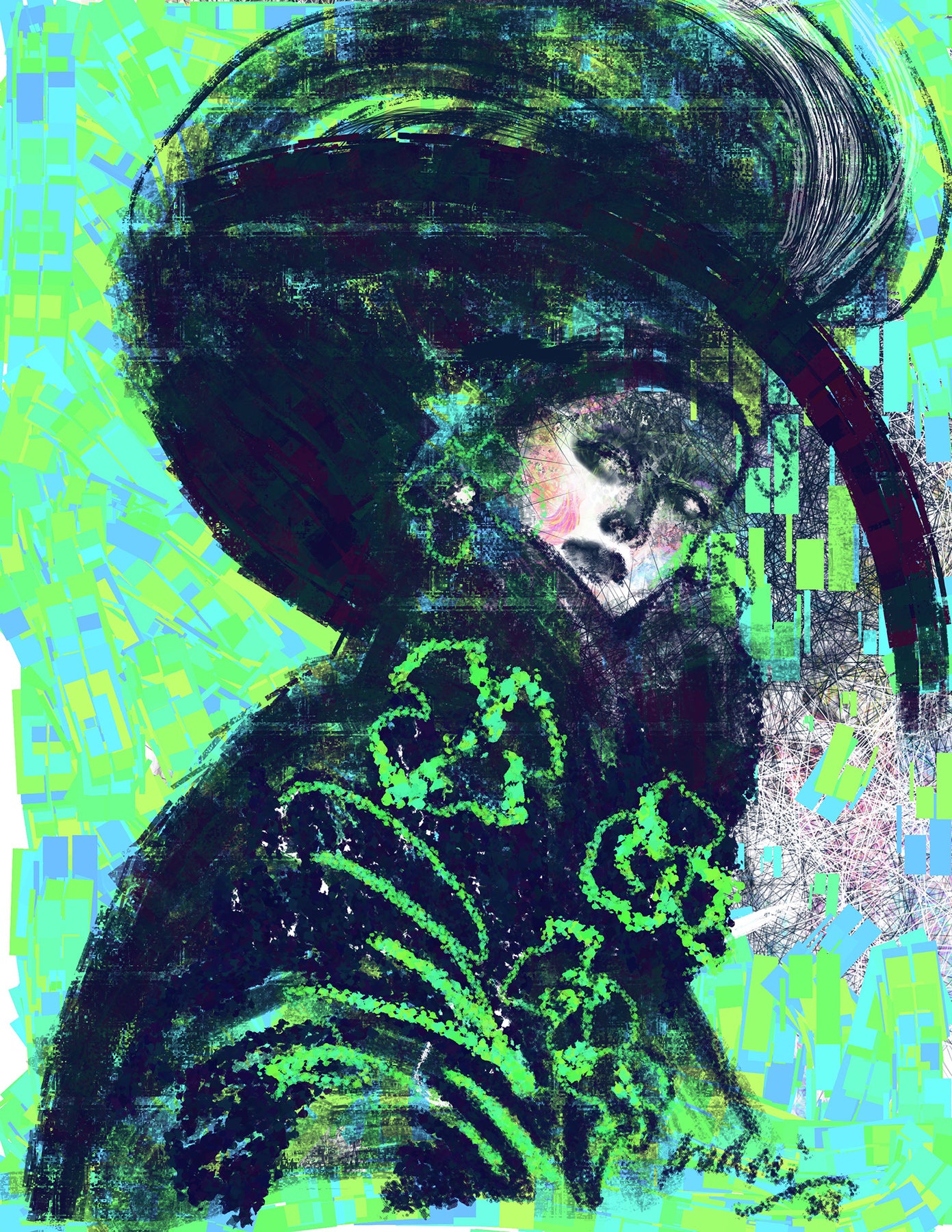Artistic depiction of a person wearing a large hat with abstract patterns and colors.