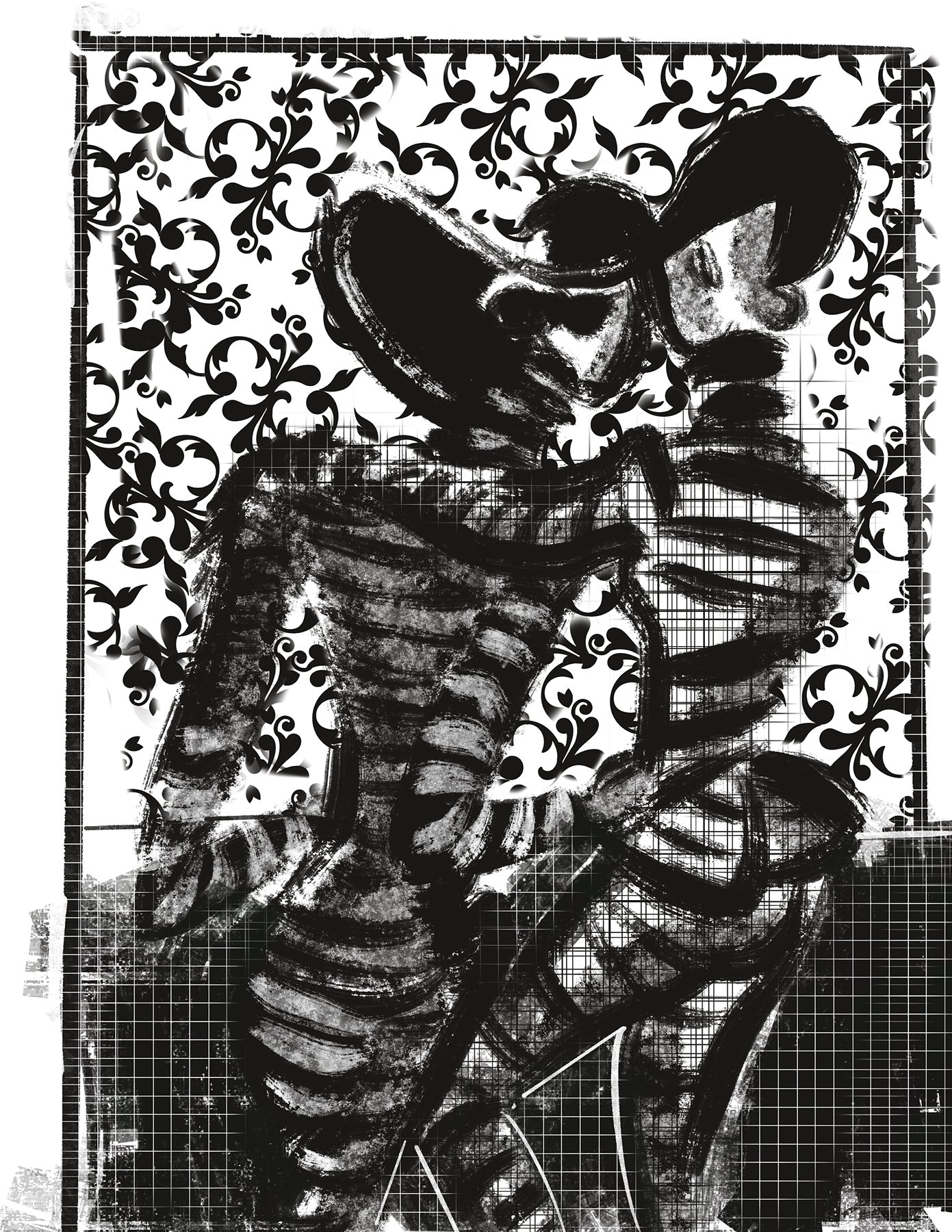 Black and white illustration of two fashionable people embracing each other with decorative patterns