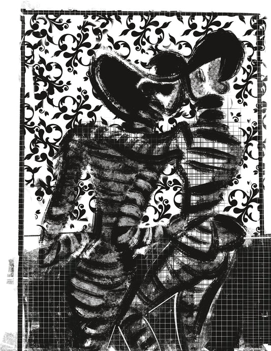 Black and white illustration of two fashionable people embracing each other with decorative patterns