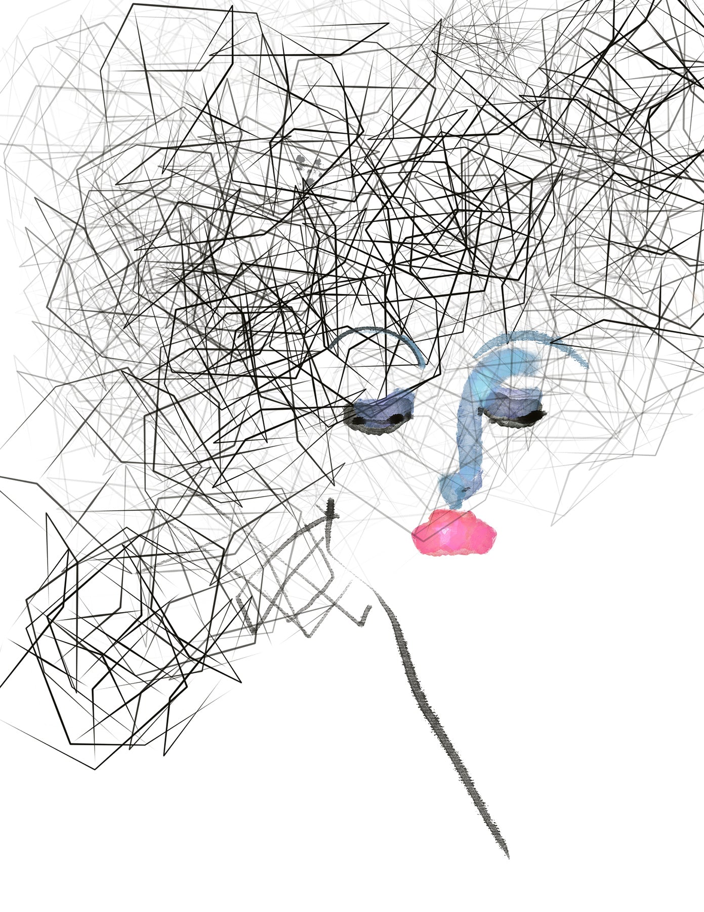 Abstract design with black lines and colorful elements on a white background