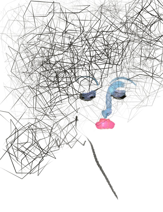 Abstract design with black lines and colorful elements on a white background