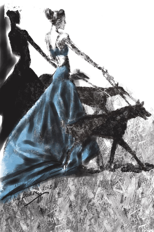 Stylized fashion illustration of a runway model in a blue dress walking with two guard dogs, rendered in black-and-white.