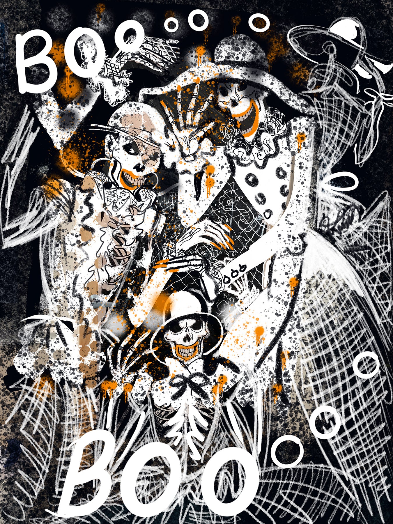 Halloween fashion-themed illustration with skeletons, skulls, and 'BOO' text on a dark background.