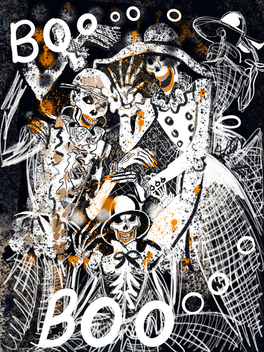 Halloween fashion-themed illustration with skeletons, skulls, and 'BOO' text on a dark background.