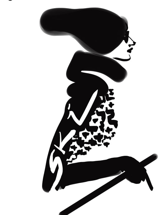 Black silhouette of a model with a hat and scarf, holding a ski pole, on a white background.