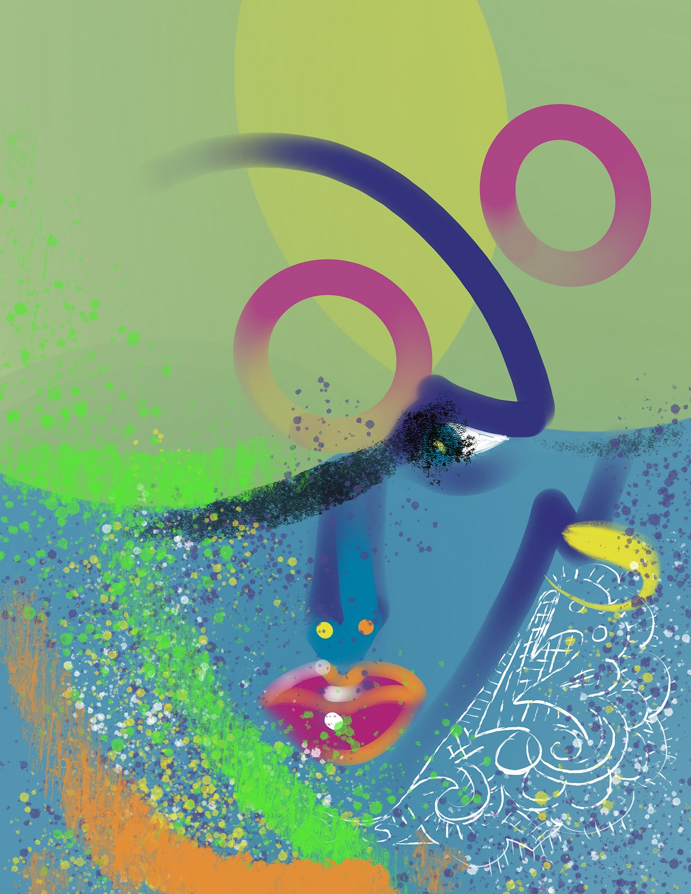 Abstract fashion artwork with colorful shapes and patterns on a green background