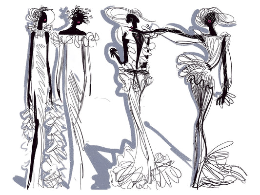 Black and white lineup fashion illustration of of four stylized figures with flowing hair and dresses.