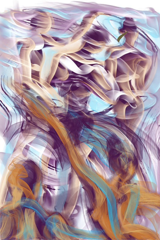 Abstract artwork with wavy, multicolored patterns on a light background