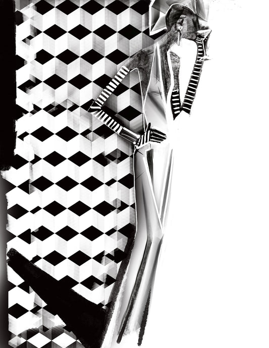 High-fashion (futuristic) black and white conceptual illustration; a fashion figure drinks from a stemmed cocktail glass with a geometric pattern background