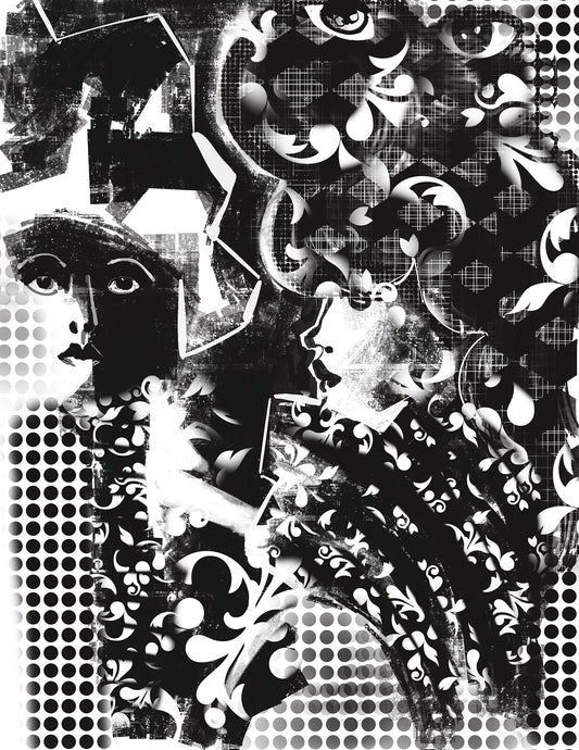 Black and white abstract design with decorative elements, hats, and faces.