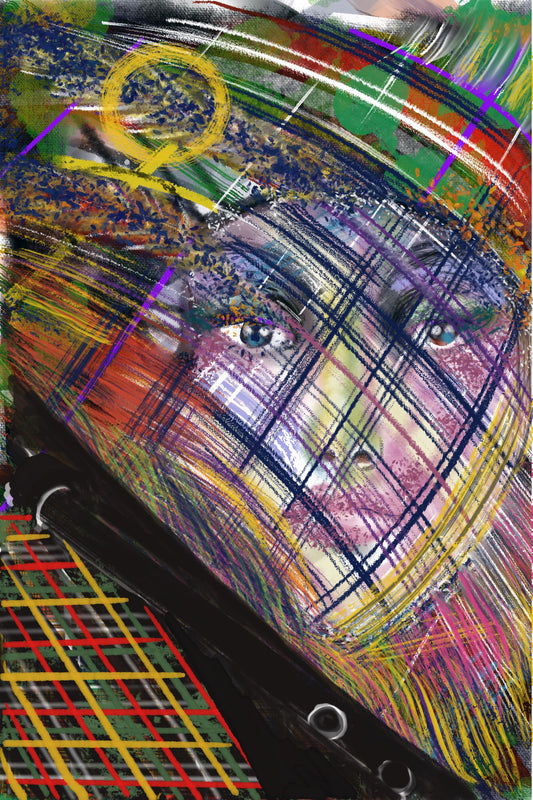 Fashion illustration close-up of a model's face partially obscured by intricate tartan-patterned paint, looking directly at the viewer.