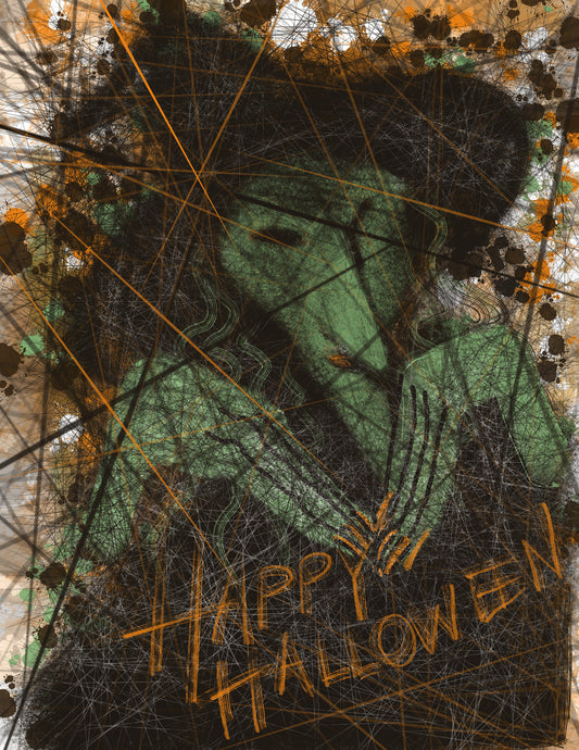 Abstract art with a green witch figure and 'Happy Halloween' text on a textured background