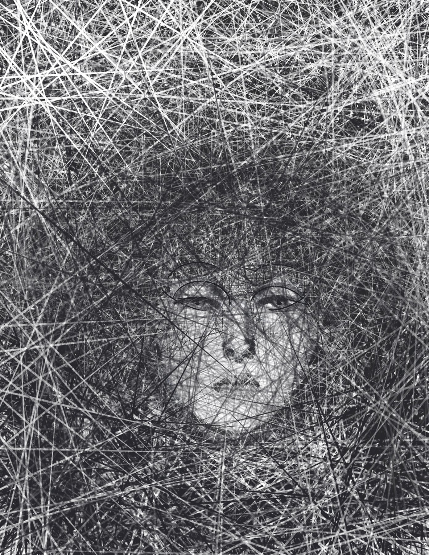 Artistic depiction of a face with intricate black lines on a white background