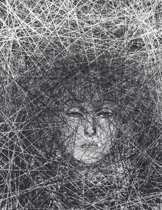 Artistic depiction of a face with intricate black lines on a white background