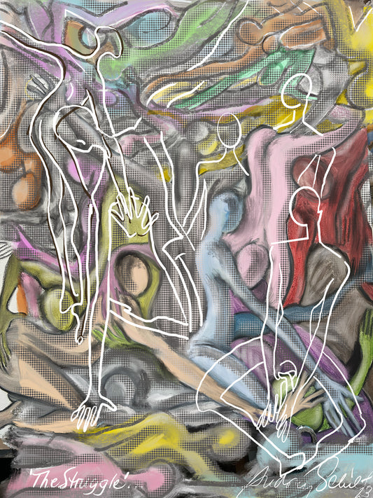 Abstract artwork with coloful figures (representing all of the struggles of the artist's life), with some struggles beginning to overcome (represented by white outlines)