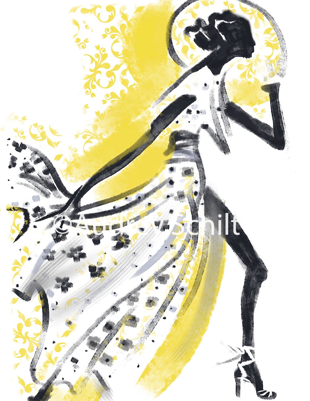 "Girl In Floral Dress And Yellow Foulard Hat"