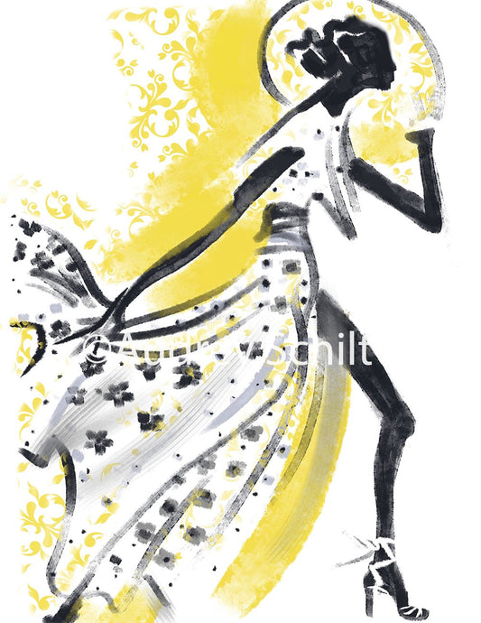 "Girl In Floral Dress And Yellow Foulard Hat"