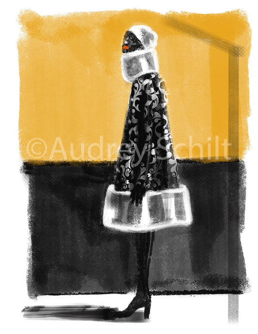 "Black/ White Foulard Print Coat, Gold/ Black Wall, White Fur Trim"