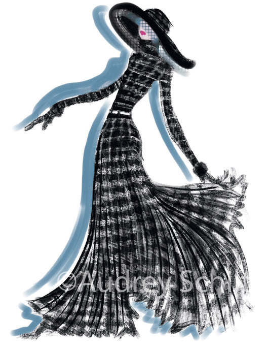Long plaid pleated dress with matching Morton trimmed picture hat