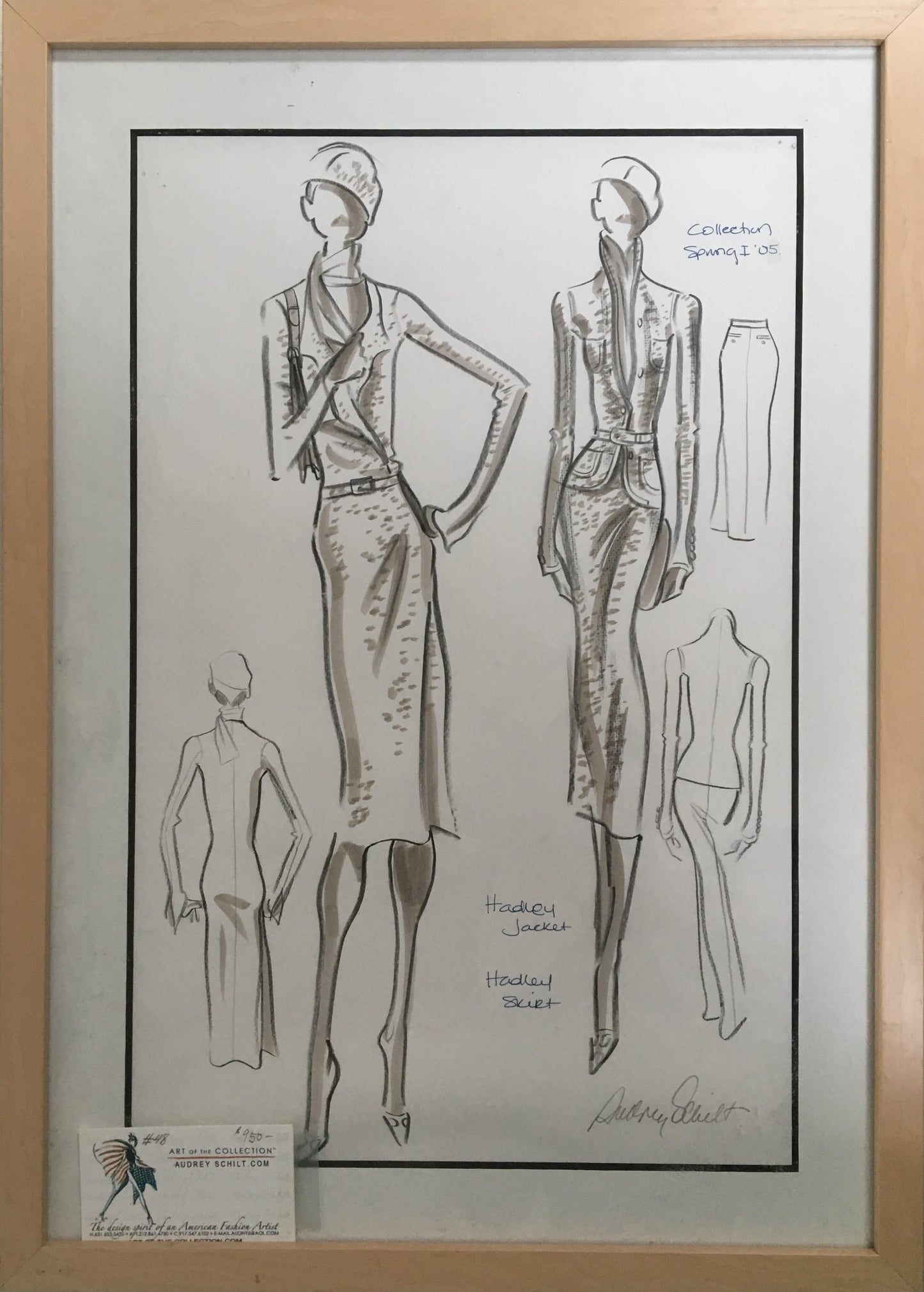 Original fashion illustration by Audrey Schilt for "Ralph Lauren’s Spring 2005 Collection," Hadley Jacket and Skirt, 17×11 in
