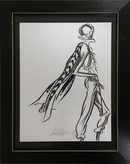 Original fashion illustration by Audrey Schilt for "Ralph Lauren’s Lawrence of Arabia Theme, Spring 2007 Collection," 11×8.5 in